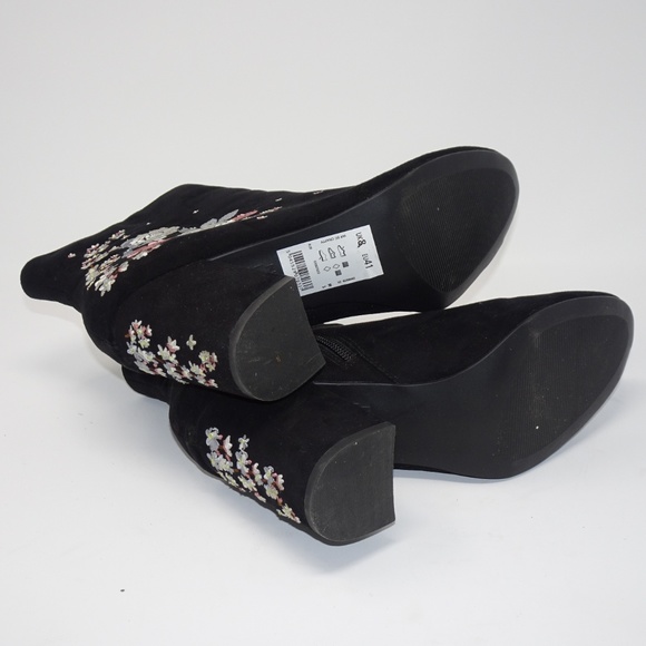 NEW LOOK Black Suedette Floral Embroidered Block Heel Boots NEW Womens Size 10 - Picture 6 of 7
